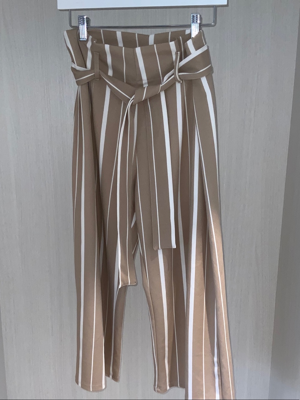 Revamped Tan & White Striped Paperbag Wide-Leg Pants